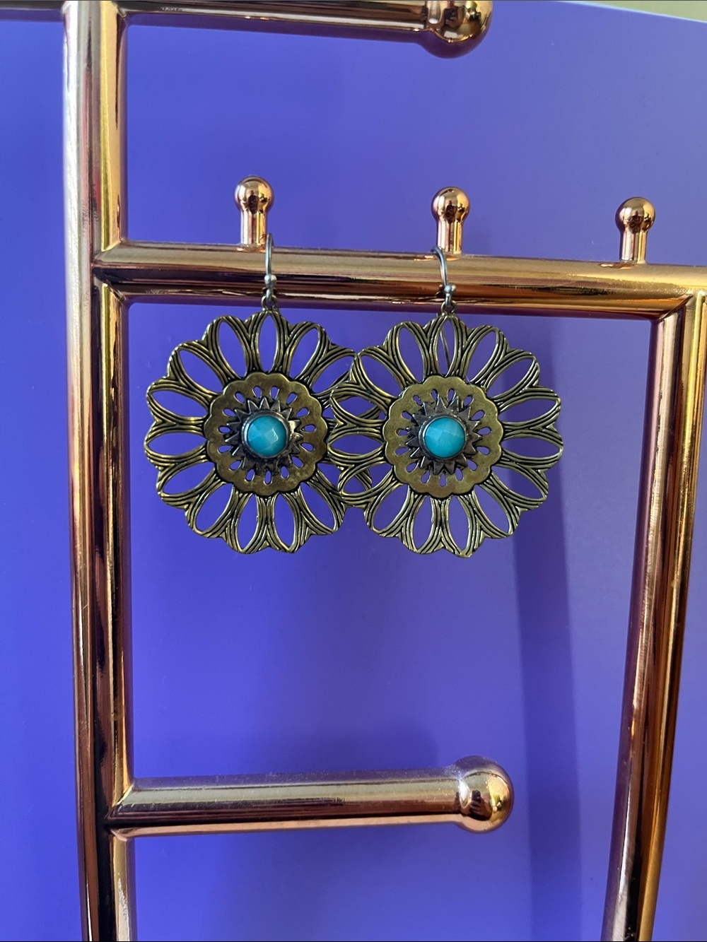 Sara Blaine Antique Gold Floral Earrings with Turquoise Centers